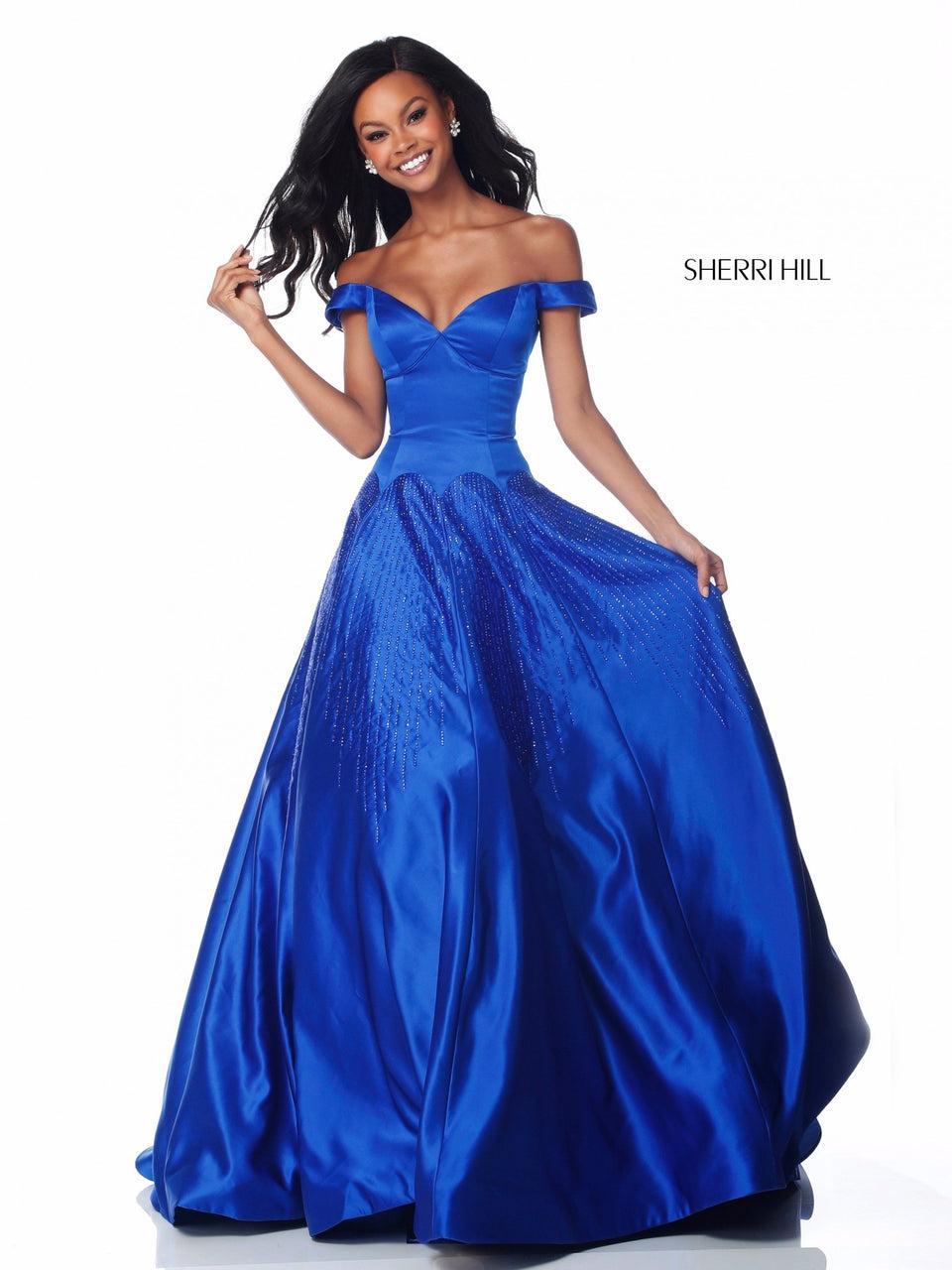 sherri hill Satin A-line sweetheart bodice with off-the-shoulder straps and beaded detail on skirt