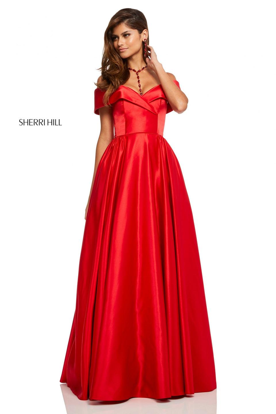sherri hill Satin A-line sweetheart off-the-shoulder gown