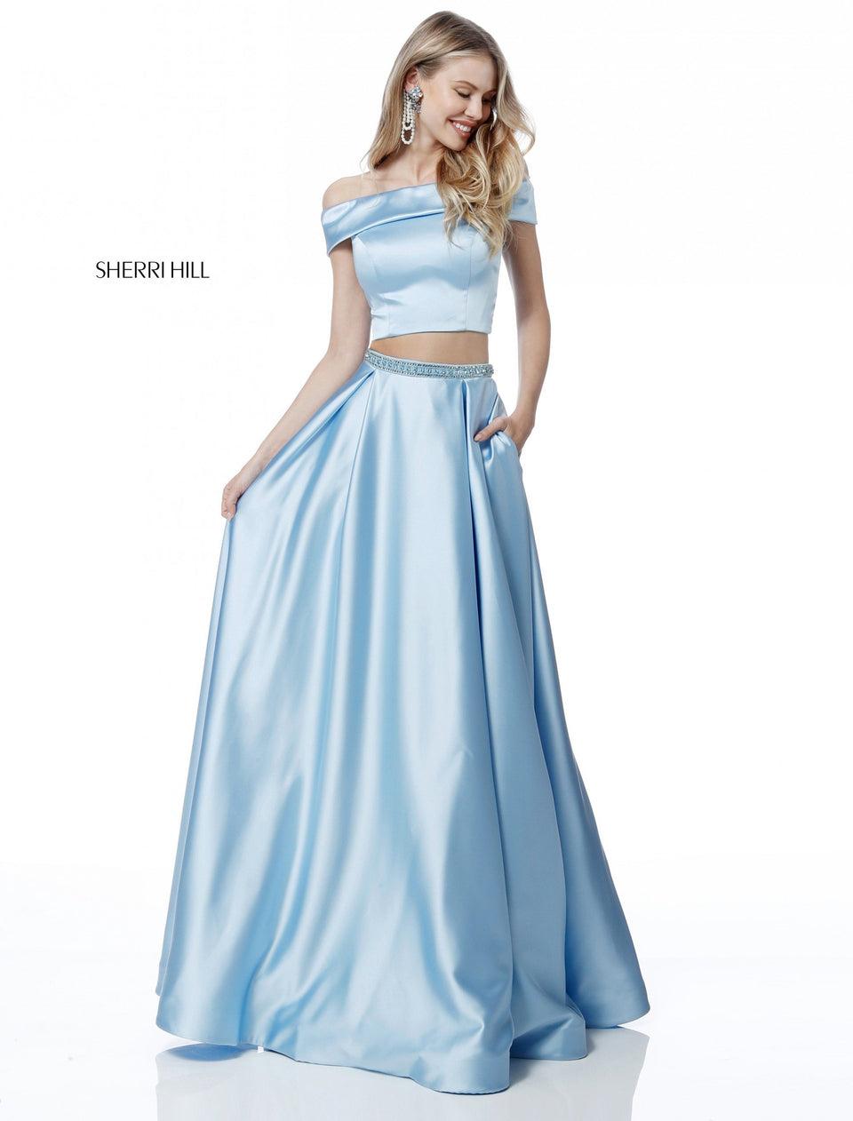 Sherri Hill Satin A-line Two Piece With Off-the-shoulder Bodice And Bead Encrusted Belt