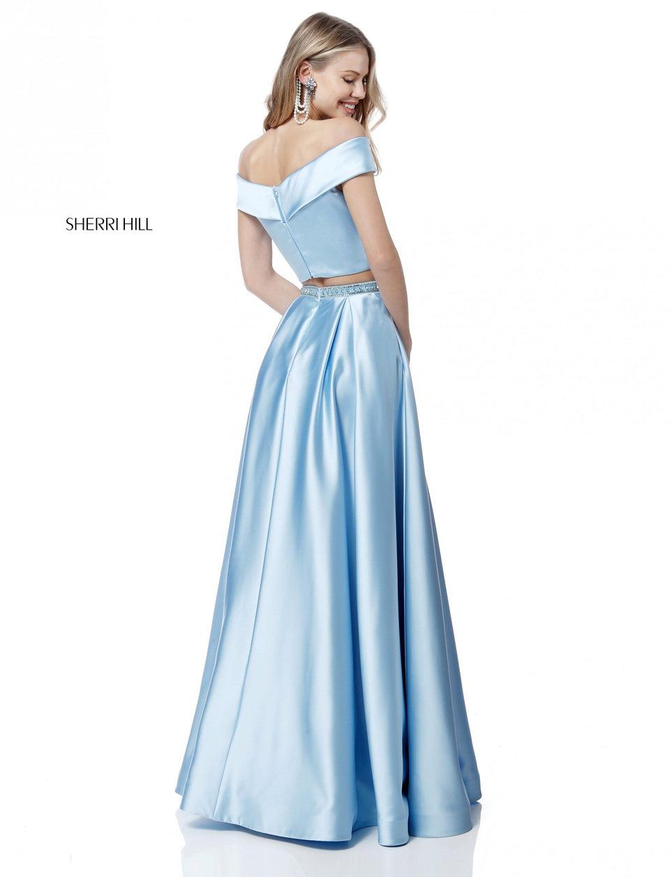 Sherri Hill Satin A-line Two Piece With Off-the-shoulder Bodice And Bead Encrusted Belt