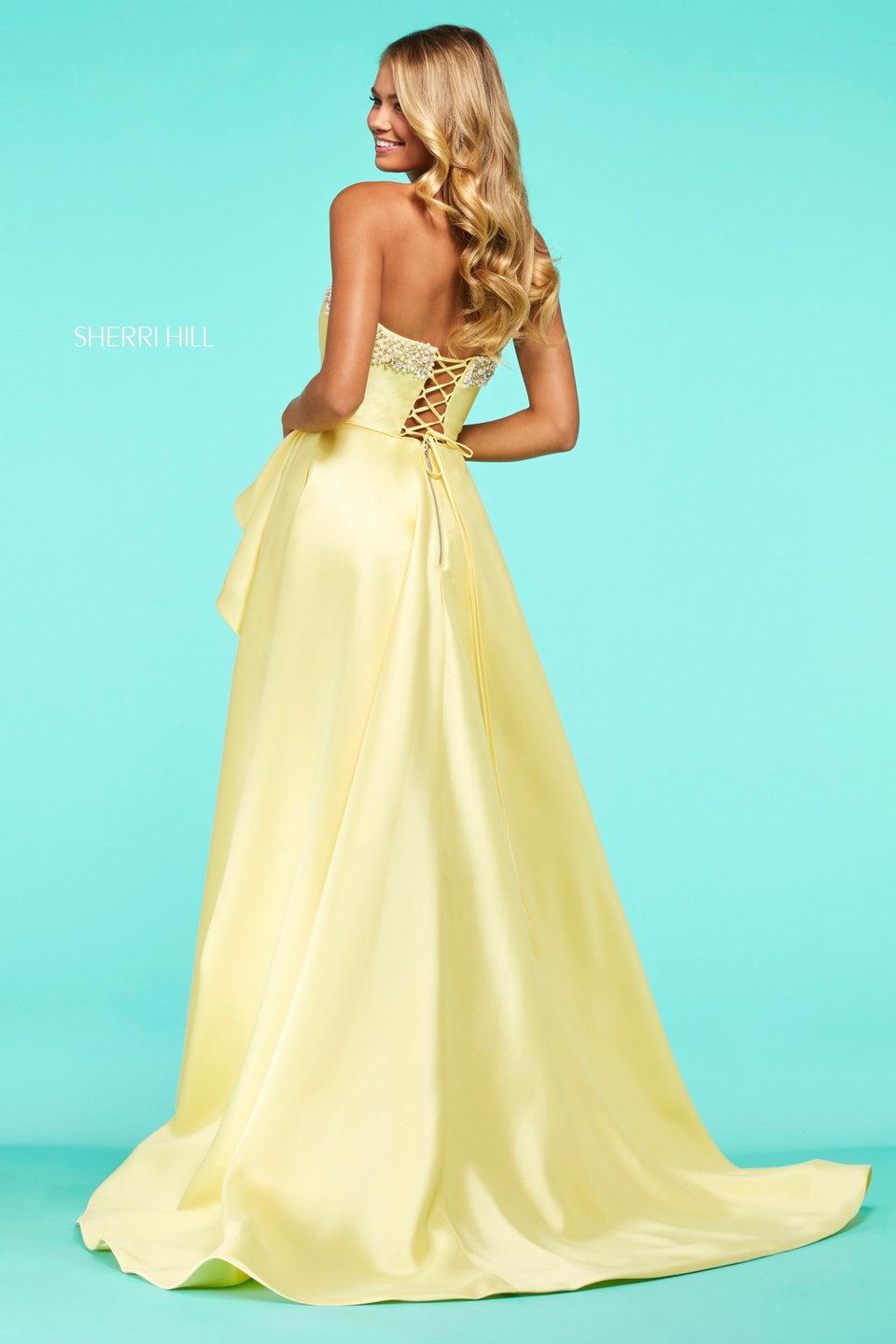 Sherri Hill Satin A-line With Beaded Strapless Neckline Corset Style Back And Ruffle Slit In Skirt