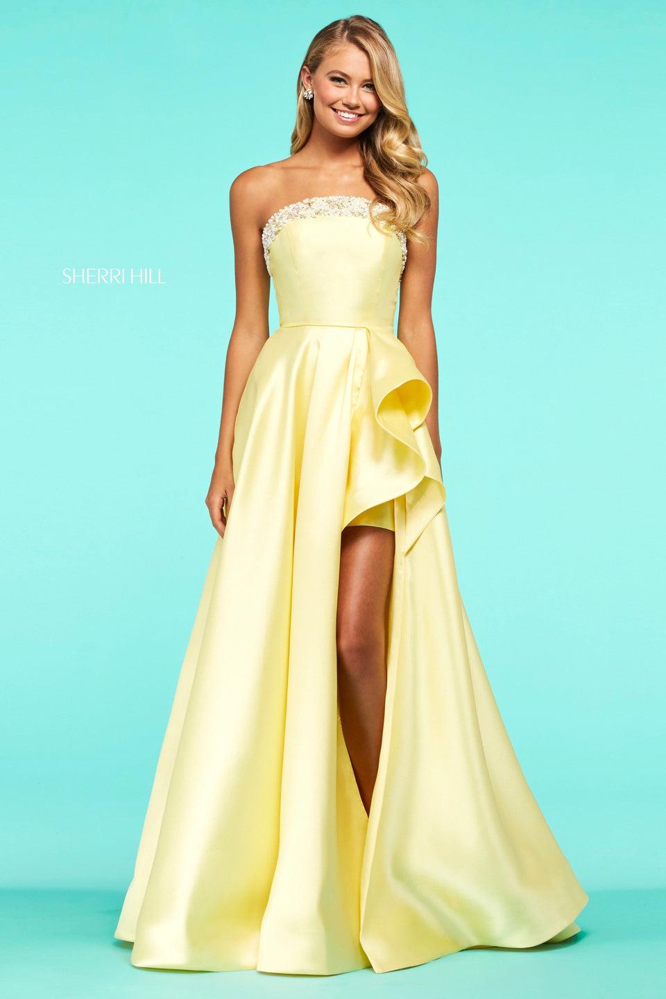 sherri hill Satin A-line with beaded strapless neckline corset style back and ruffle slit in skirt