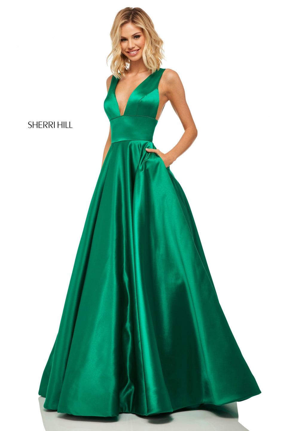 Sherri Hill Satin A-line With Deep-V Neckline And Pockets