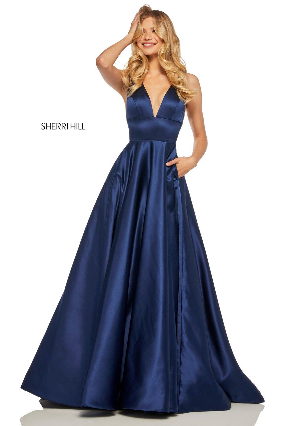 sherri hill Satin A-line with deep-V neckline and pockets