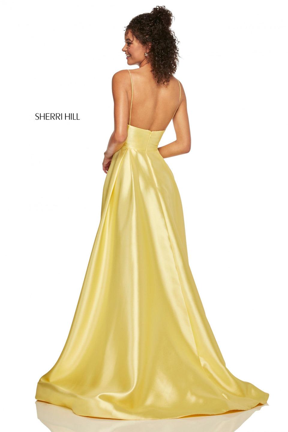 Sherri Hill Satin A-line With Deep-V Neckline Spaghetti Straps And Jewel Encrusted Pockets