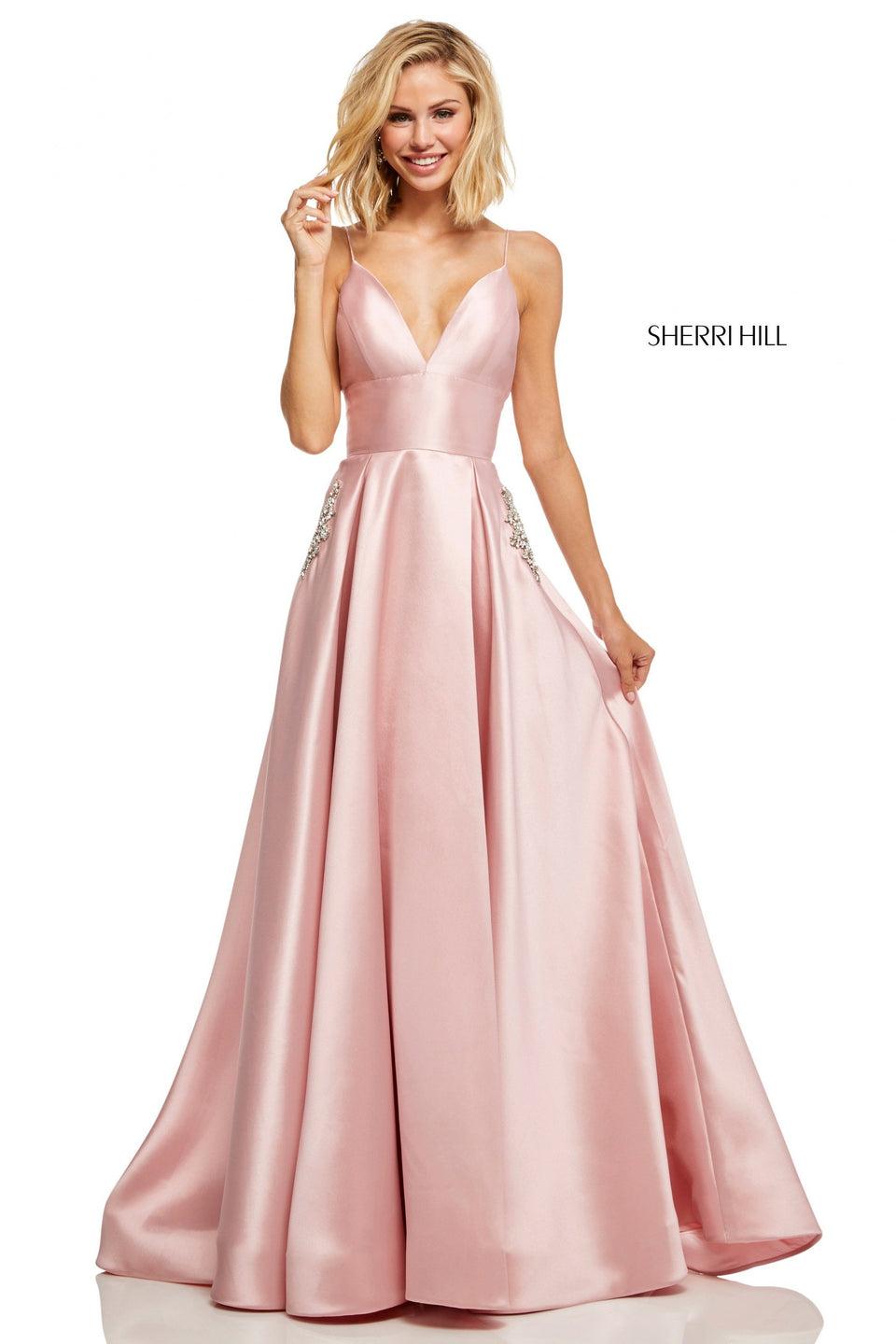 sherri hill Satin A-line with deep-V neckline spaghetti straps and jewel encrusted pockets