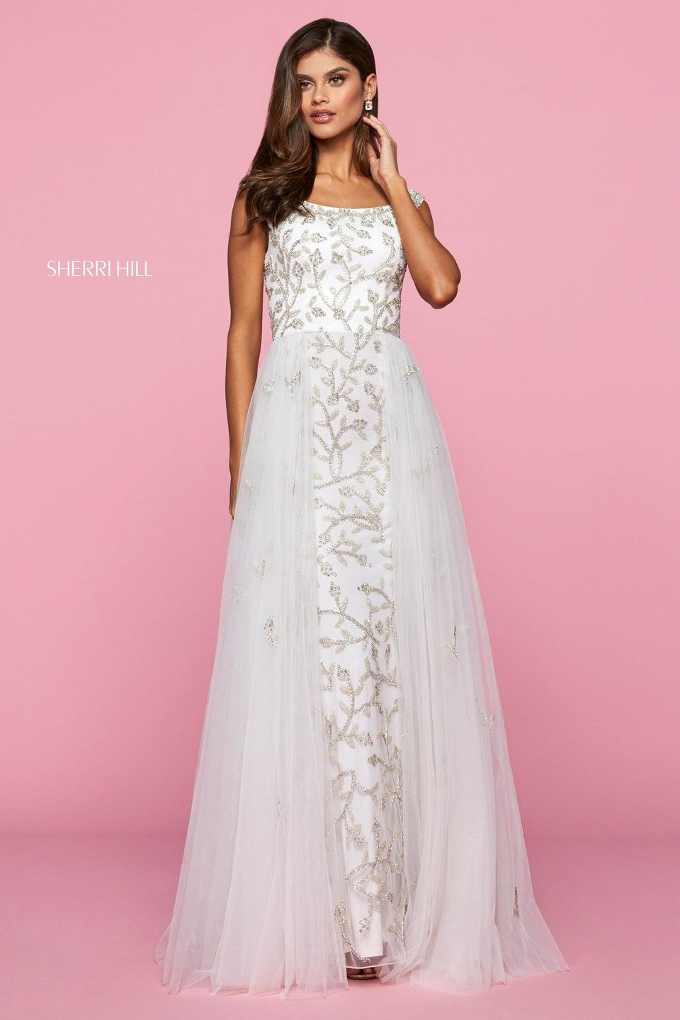 Sherri Hill Satin And Tulle Gown With Branch And Flower Pattern Beading Off-the-shoulder Neckline And Tulle Overskirt With Appliques