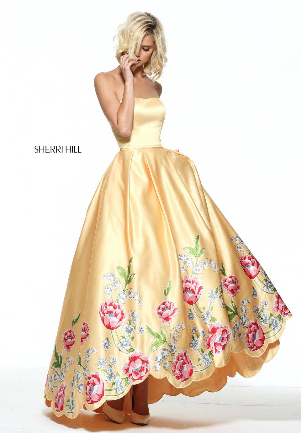 Sherri Hill Satin Audrey Length With A Tulip Print Scalloped Border