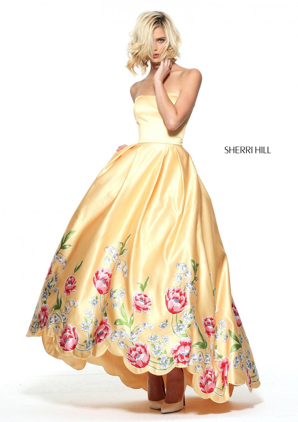 sherri hill Satin Audrey length with a tulip print scalloped border