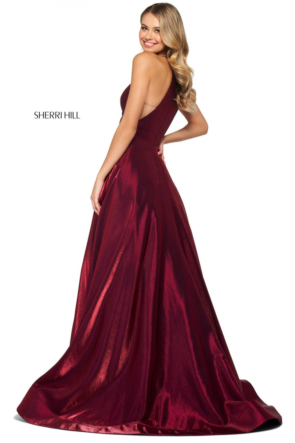 Sherri Hill Satin Back Shimmer A-line Dress With High Cut Halter Style Neckline