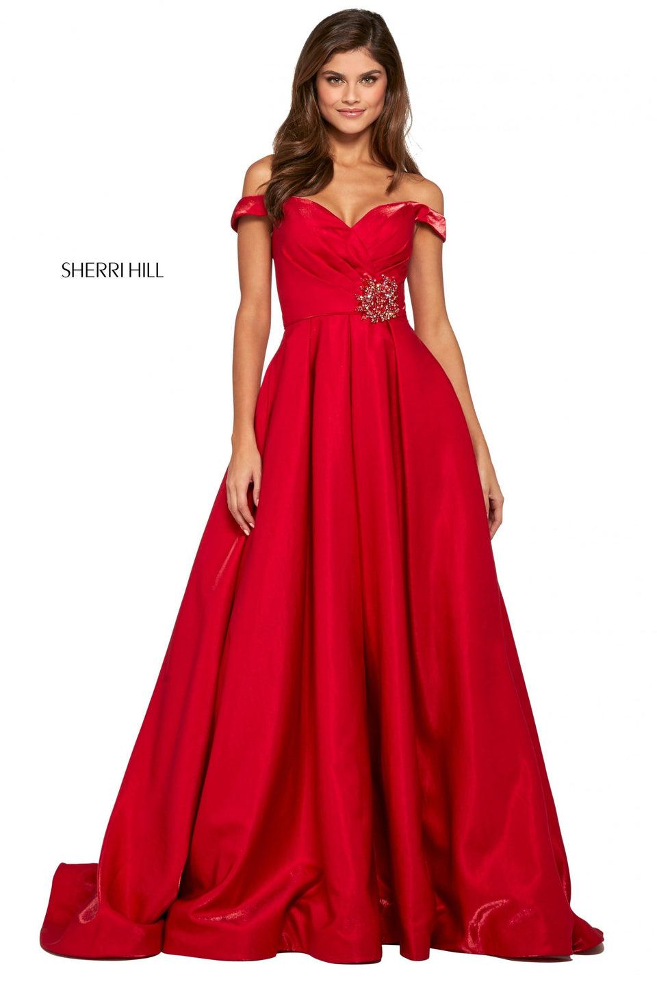 Sherri Hill Satin Back Shimmer A-line Dress With Off-the-shoulder Sweetheart Neckline And Embellishments On Waist