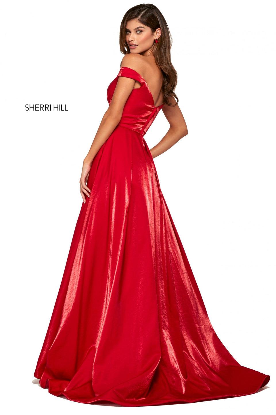 Sherri Hill Satin Back Shimmer A-line Dress With Off-the-shoulder Sweetheart Neckline And Embellishments On Waist
