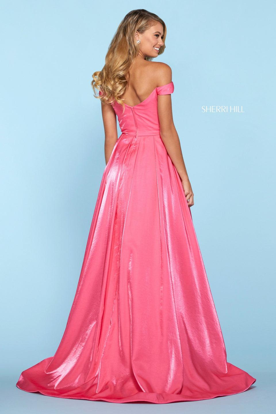 Sherri Hill Satin Back Shimmer A-line Dress With Off-the-shoulder Sweetheart Neckline And Embellishments On Waist