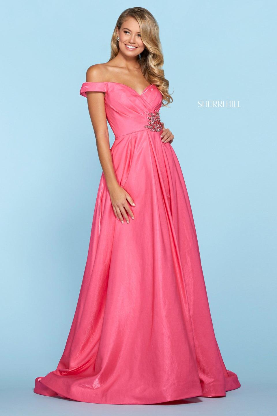 sherri hill Satin back shimmer A-line dress with off-the-shoulder sweetheart neckline and embellishments on waist