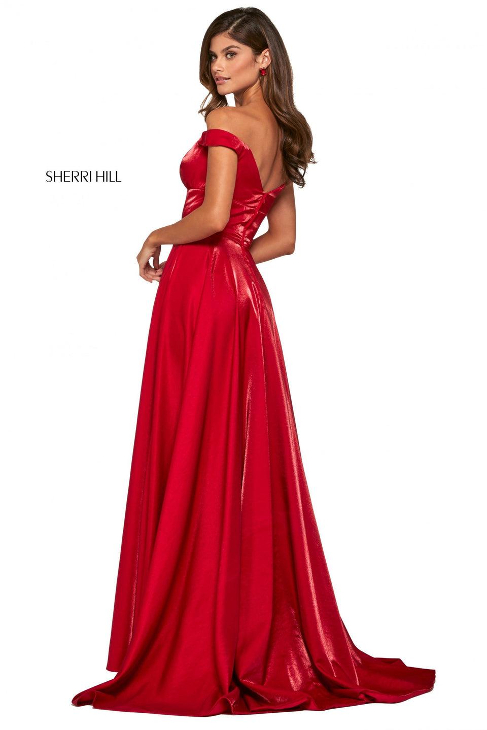 Sherri Hill Satin Back Shimmer A-line Dress With Skirt Slit And Sweetheart Neckline Bodice With Off-the-shoulder Straps