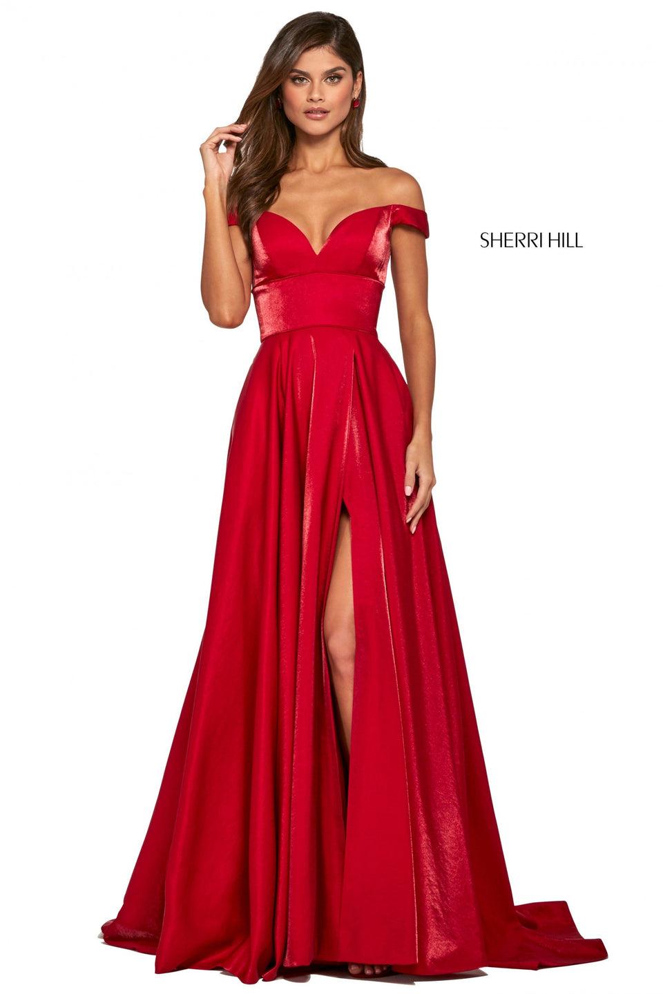 sherri hill Satin back shimmer A-line dress with skirt slit and sweetheart neckline bodice with off-the-shoulder straps