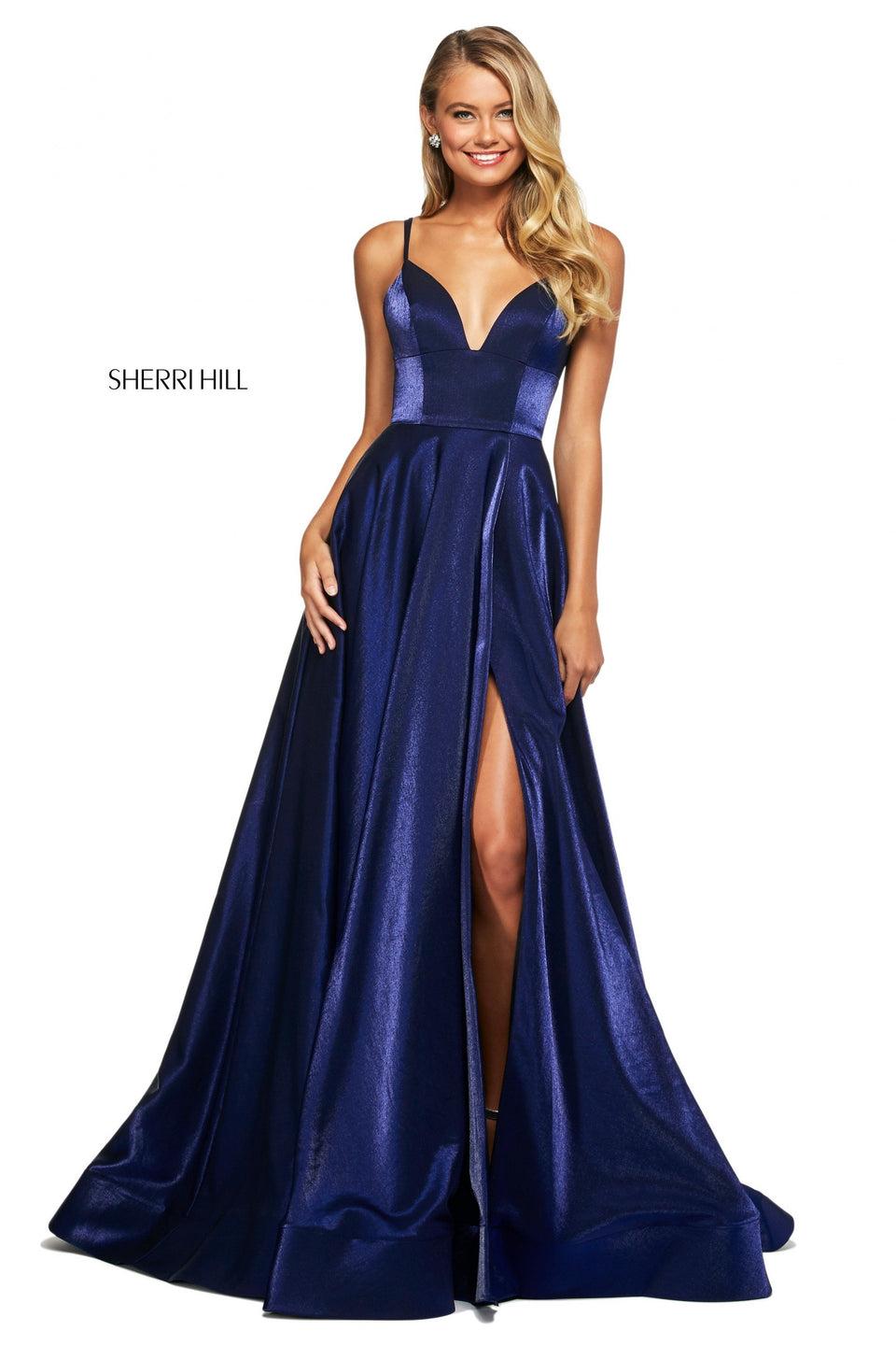 Sherri Hill Satin Back Shimmer A-line With Deep Sweetheart Neckline Corset Style Lace Up Back And Skirt Slit