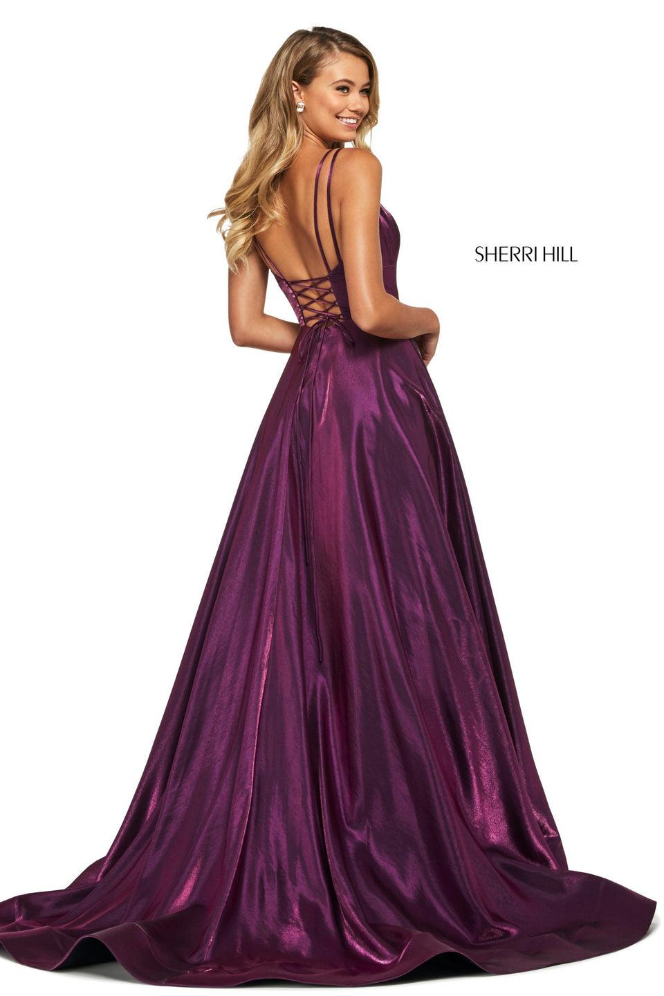 Sherri Hill Satin Back Shimmer A-line With Deep Sweetheart Neckline Corset Style Lace Up Back And Skirt Slit
