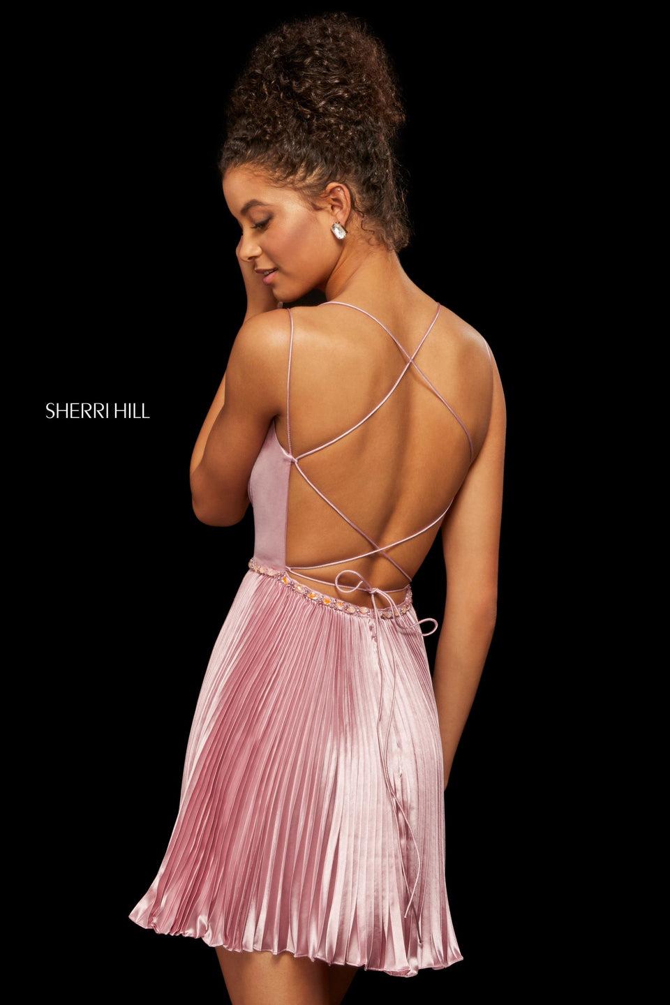 Sherri Hill Satin Back Shimmer Cocktail Dress With Knife Pleated Skirt And Open Lace Up Back