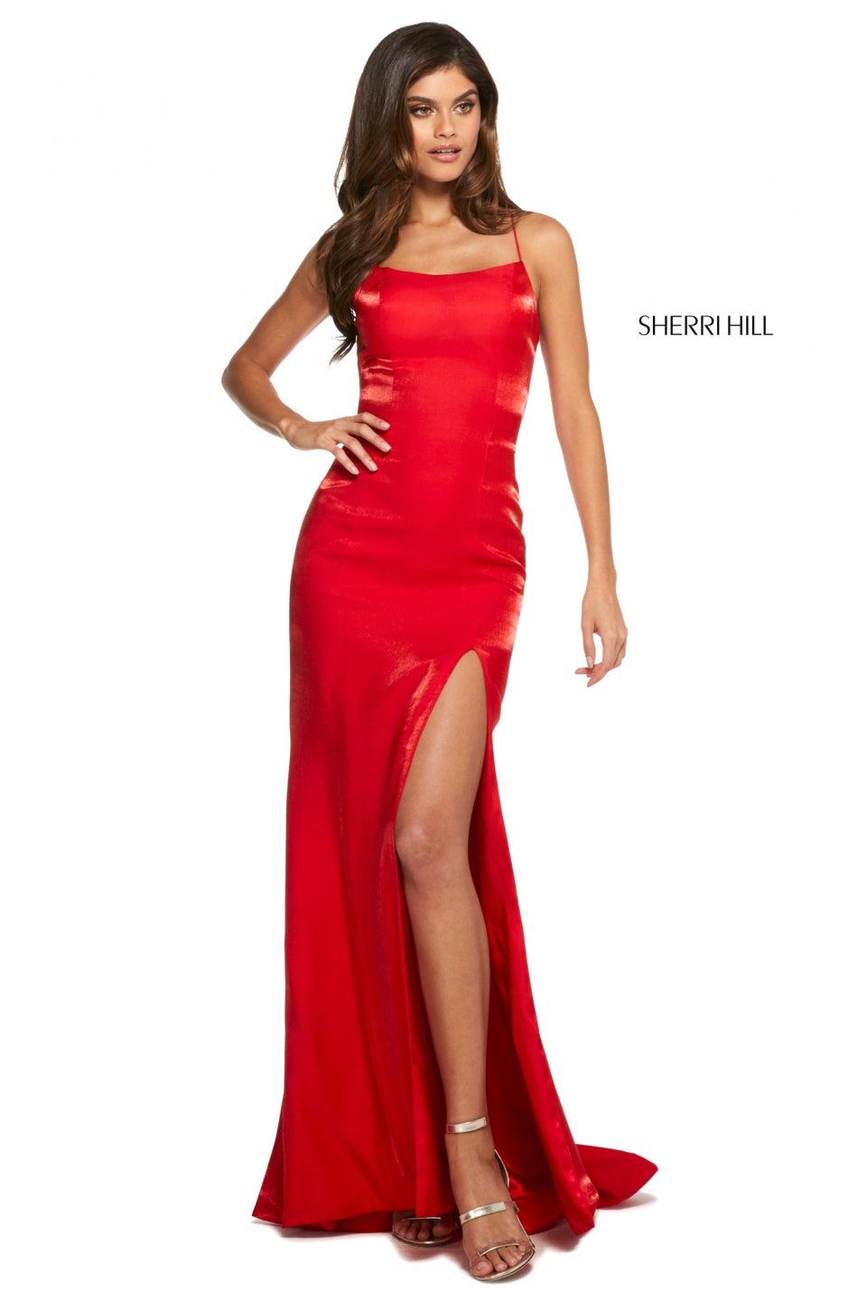 Sherri Hill Satin Back Shimmer Fitted Dress With Straight Neckline Strappy Lace Up Back And Skirt Slit