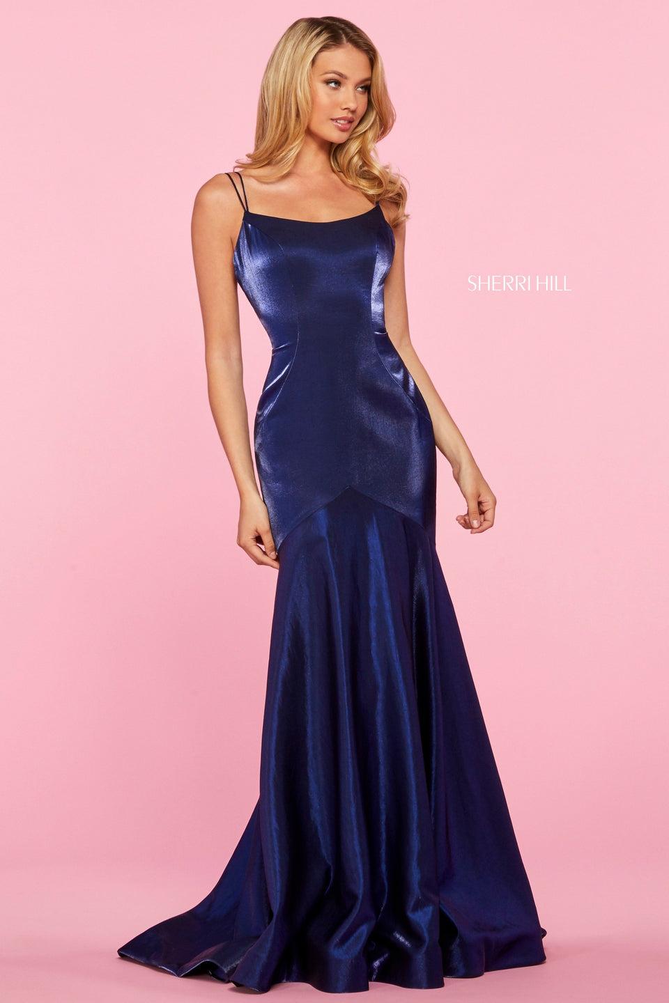 Sherri Hill Satin Back Shimmer Mermaid With Spaghetti Straps