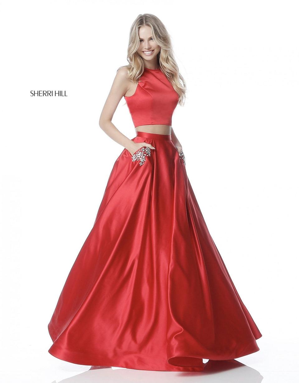 Sherri Hill Satin Ball Gown Two Piece With Beaded Pocket Details
