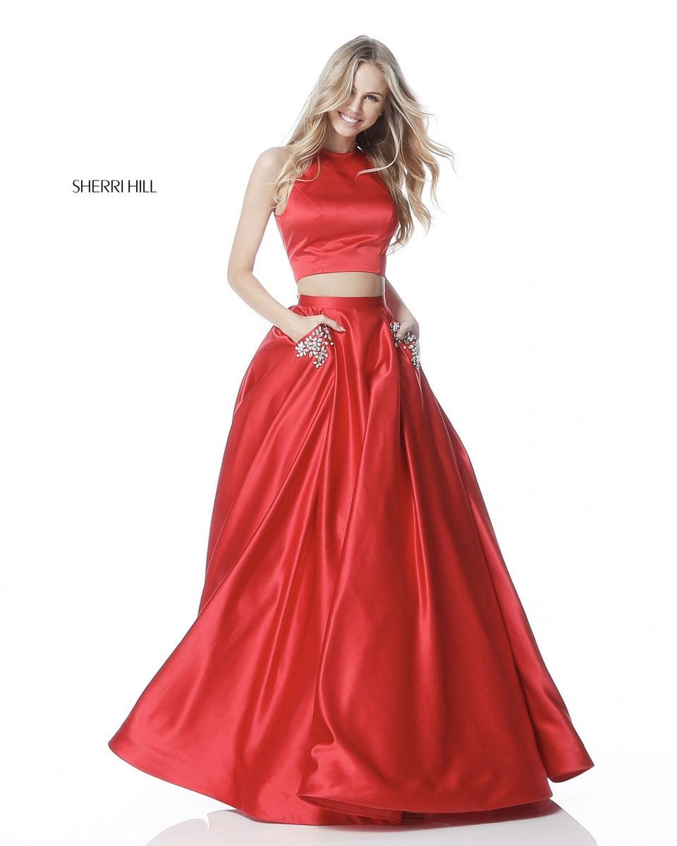 Sherri Hill Satin Ball Gown Two Piece With Beaded Pocket Details