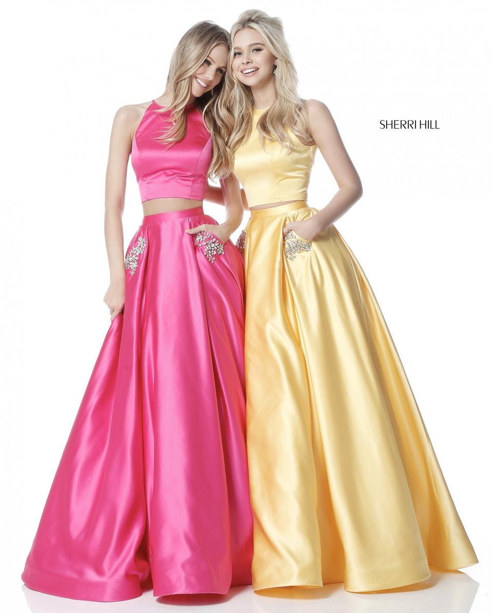 sherri hill Satin ball gown two piece with beaded pocket details
