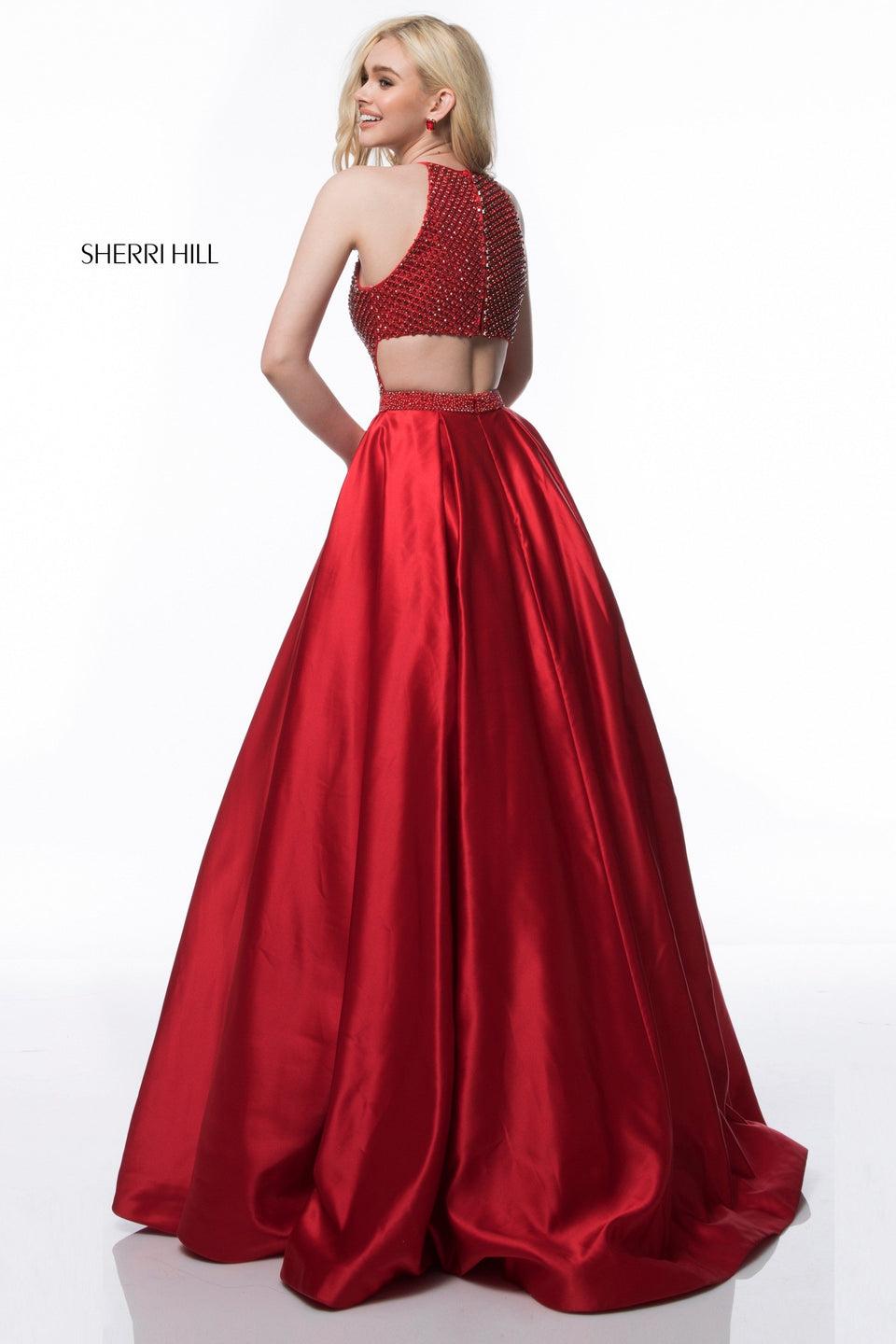 Sherri Hill Satin Ball Gown With Bead Encrusted Bodice And Cut Out Back