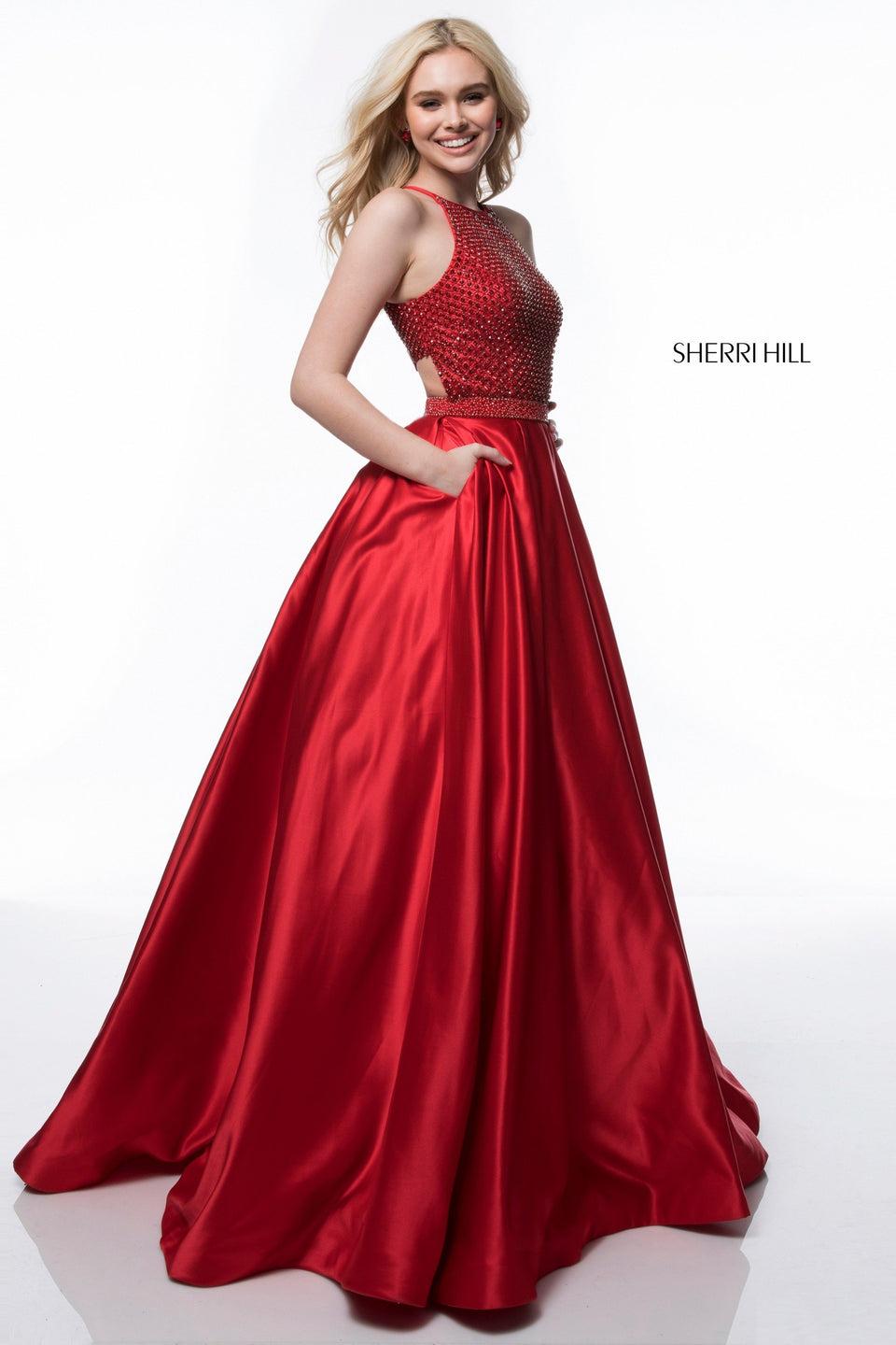 Sherri Hill Satin Ball Gown With Bead Encrusted Bodice And Cut Out Back