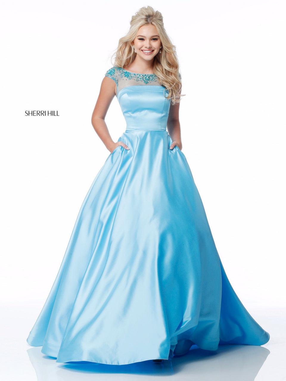 Sherri Hill Satin Ball Gown With Beaded Neckline And Cut Out Back