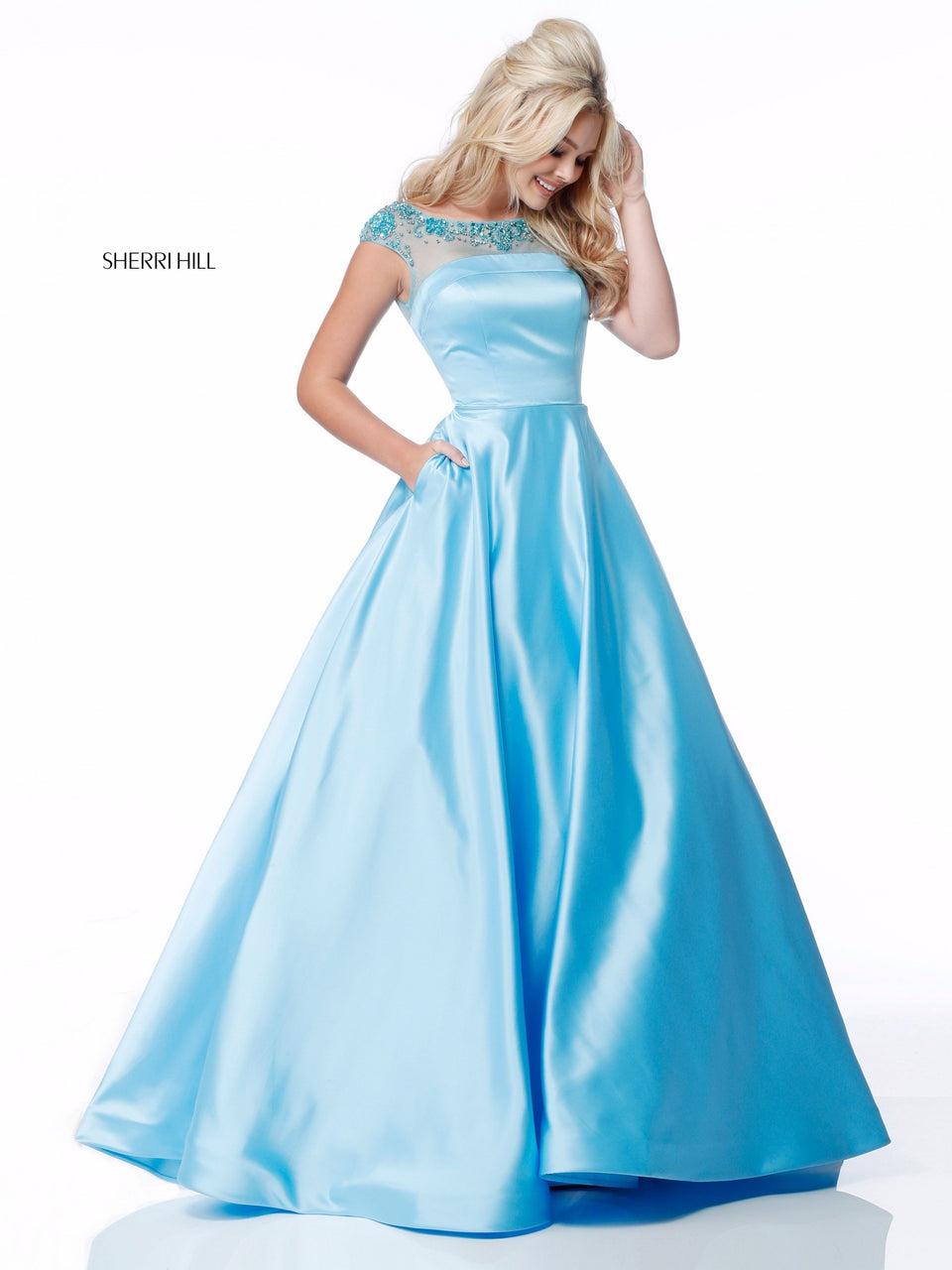 sherri hill Satin ball gown with beaded neckline and cut out back