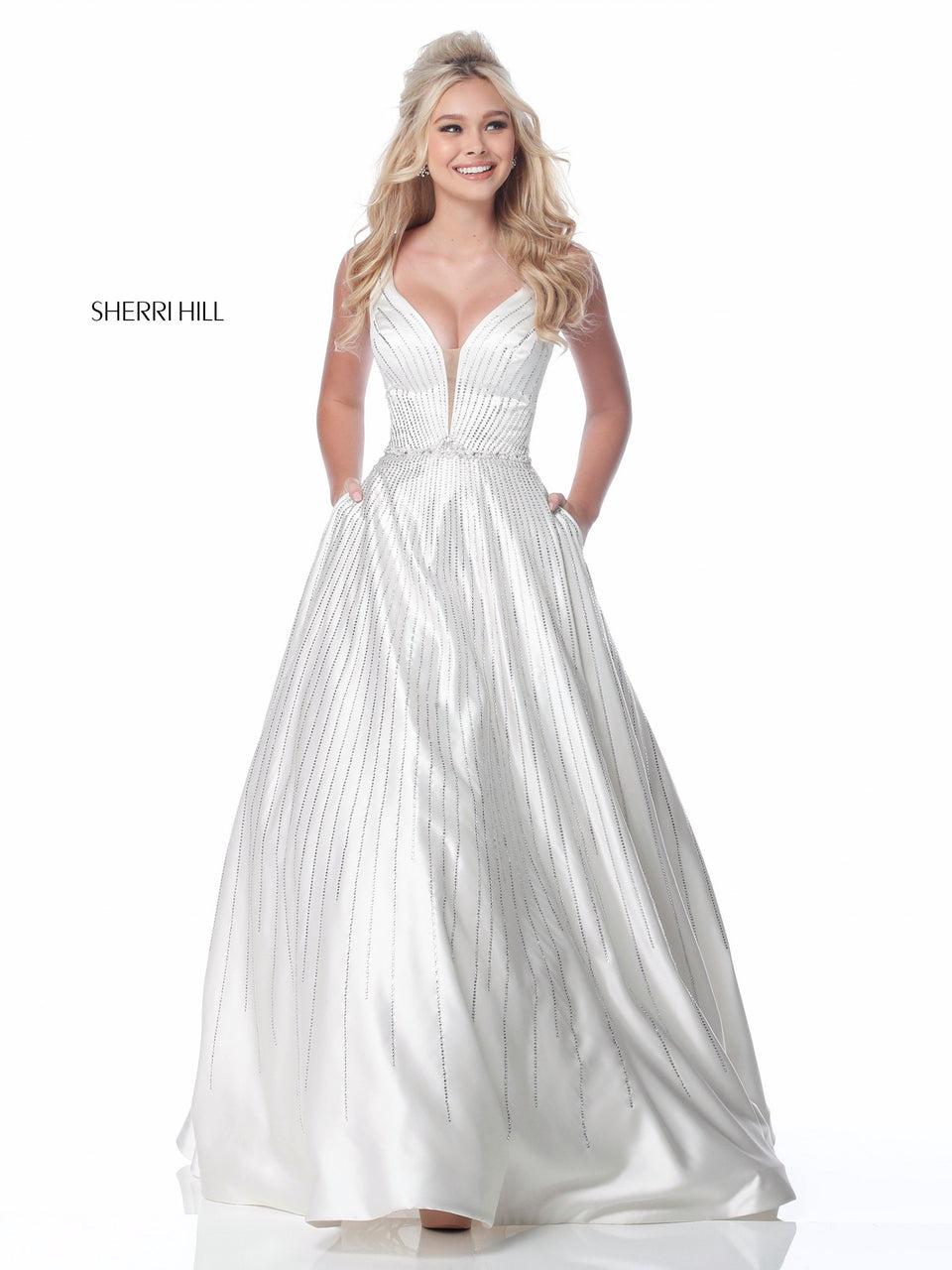 Sherri Hill Satin Ball Gown With Deep V Bodice And Bead Detail