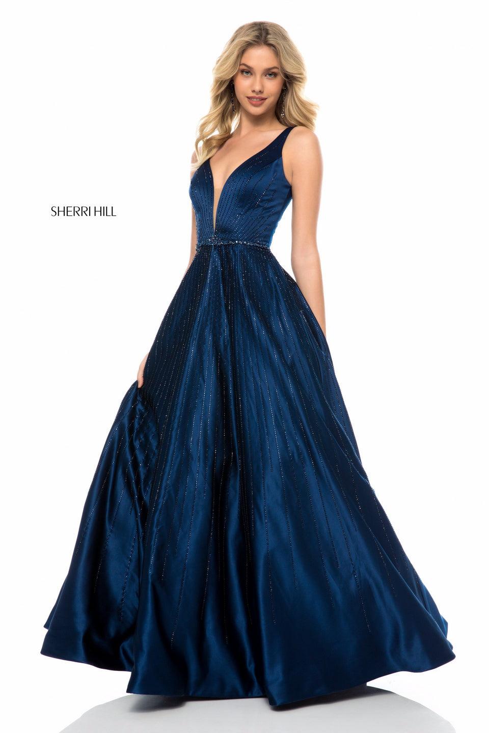 sherri hill Satin ball gown with deep V bodice and bead detail