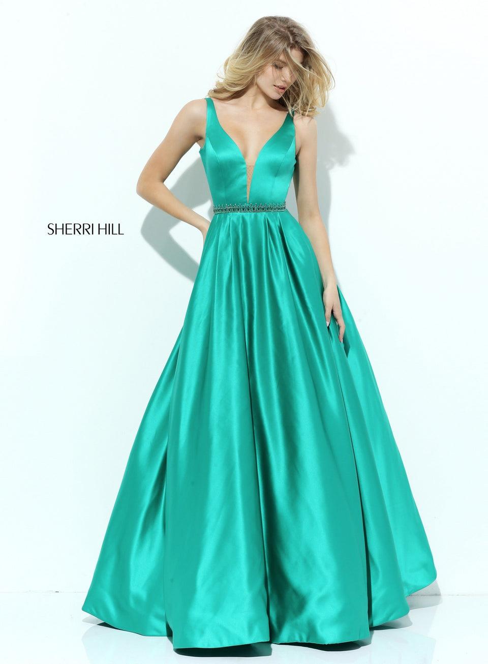 Sherri Hill Satin Ball Gown With Deep V Bodice And Beaded Belt