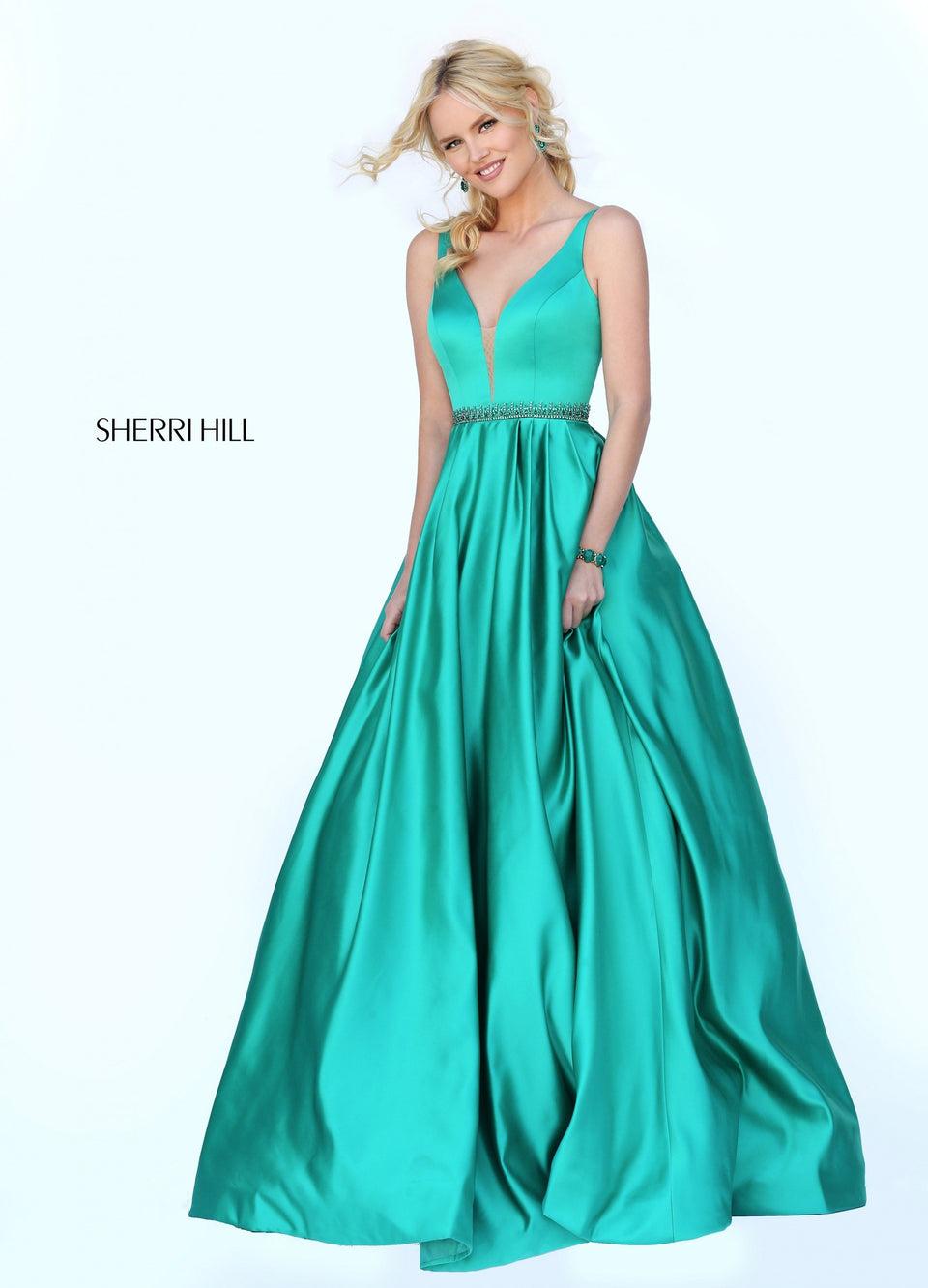 Sherri Hill Satin Ball Gown With Deep V Bodice And Beaded Belt