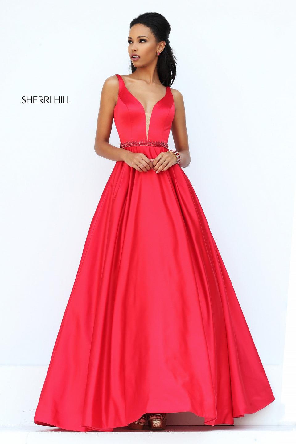 sherri hill Satin ball gown with deep V bodice and beaded belt