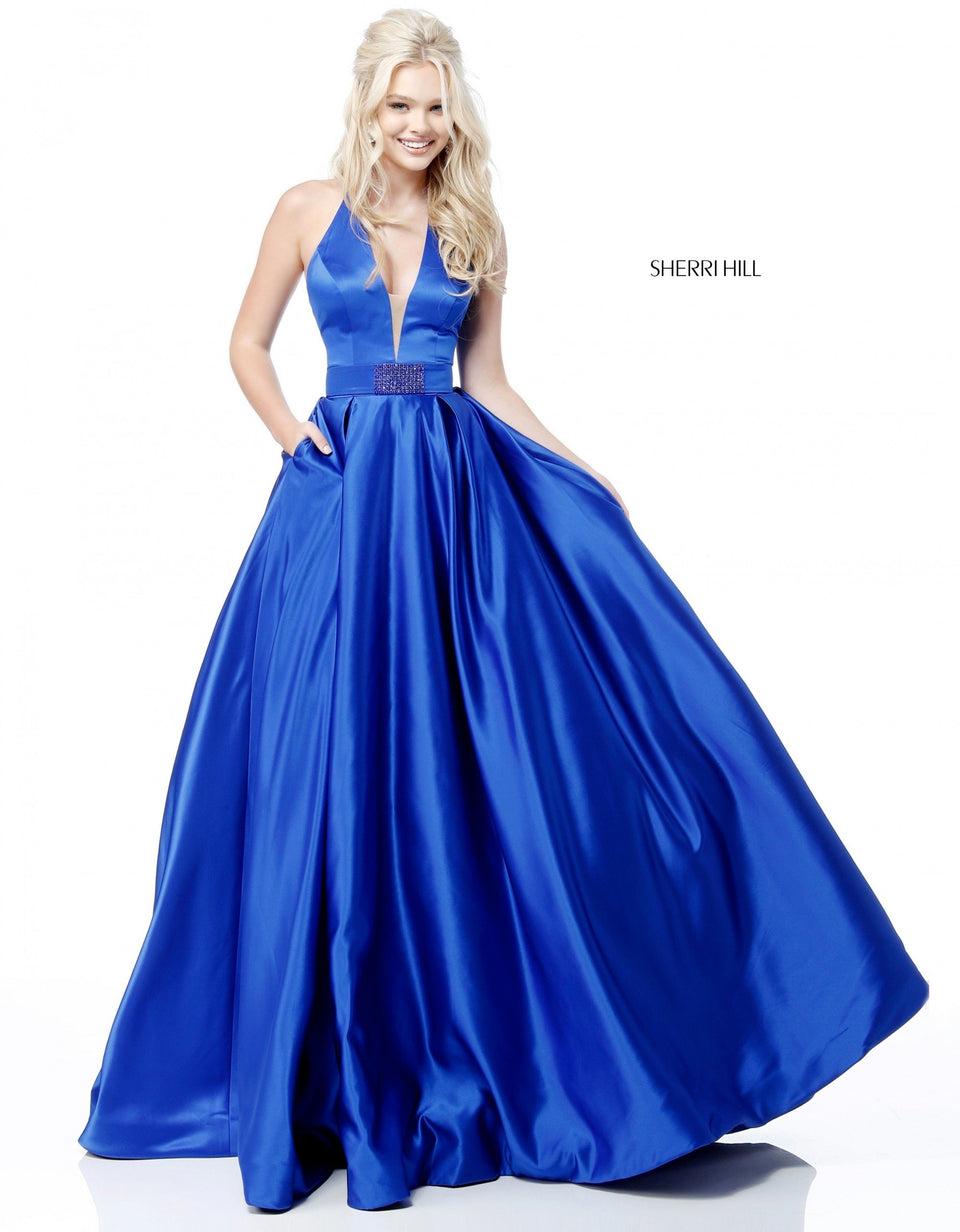 Sherri Hill Satin Ball Gown With Deep V Halter Bodice And Bead Encrusted Belt