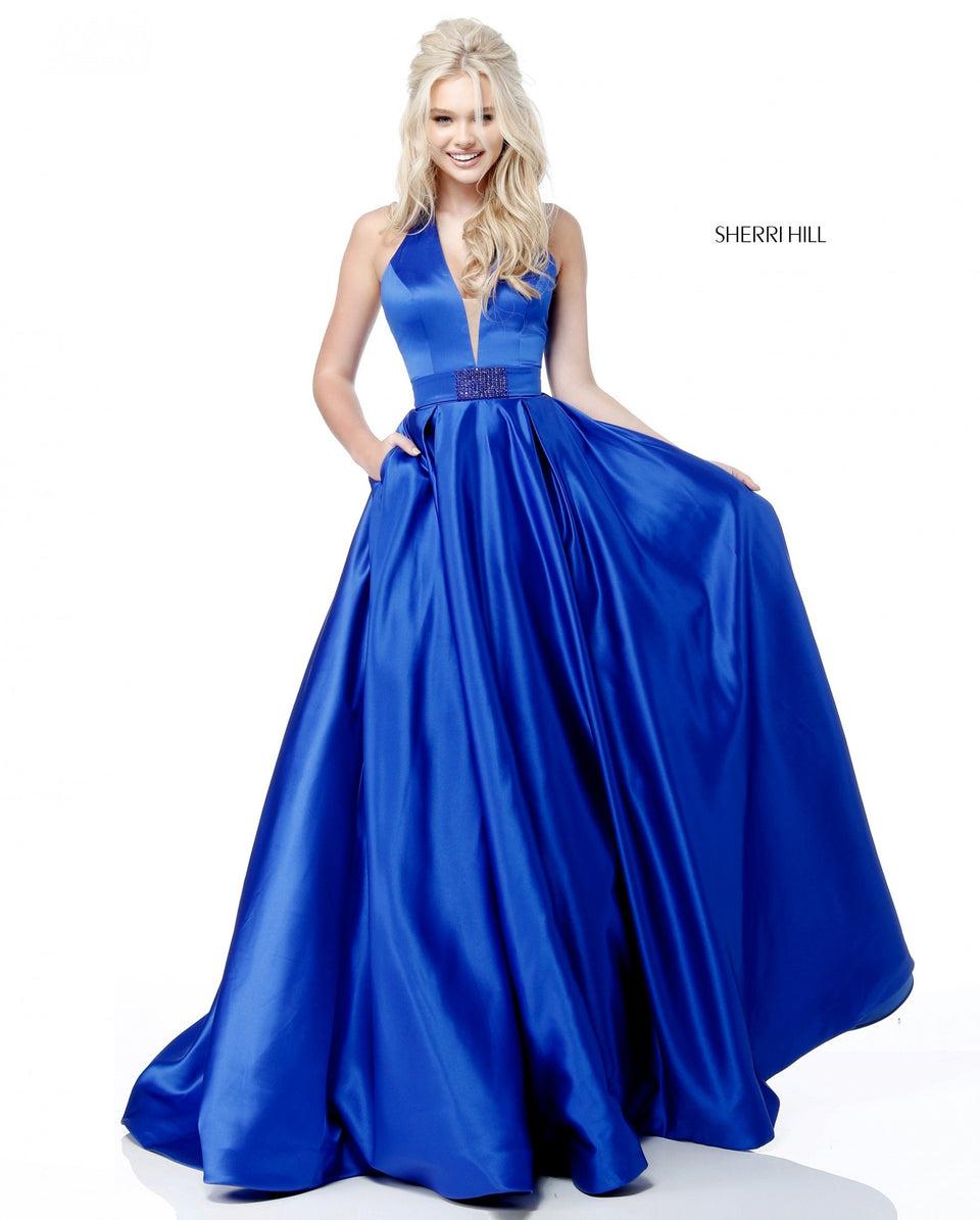 sherri hill Satin ball gown with deep V halter bodice and bead encrusted belt