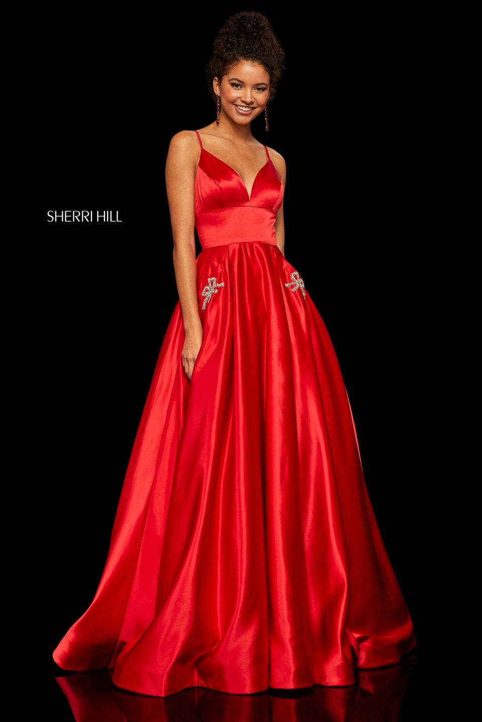 Sherri Hill Satin Ball Gown With Deep-V Neckline And Beaded Bow Shape Pocket Detailing