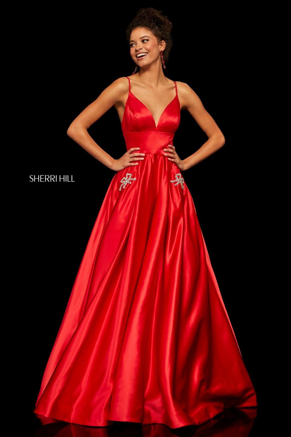 Sherri Hill Satin Ball Gown With Deep-V Neckline And Beaded Bow Shape Pocket Detailing
