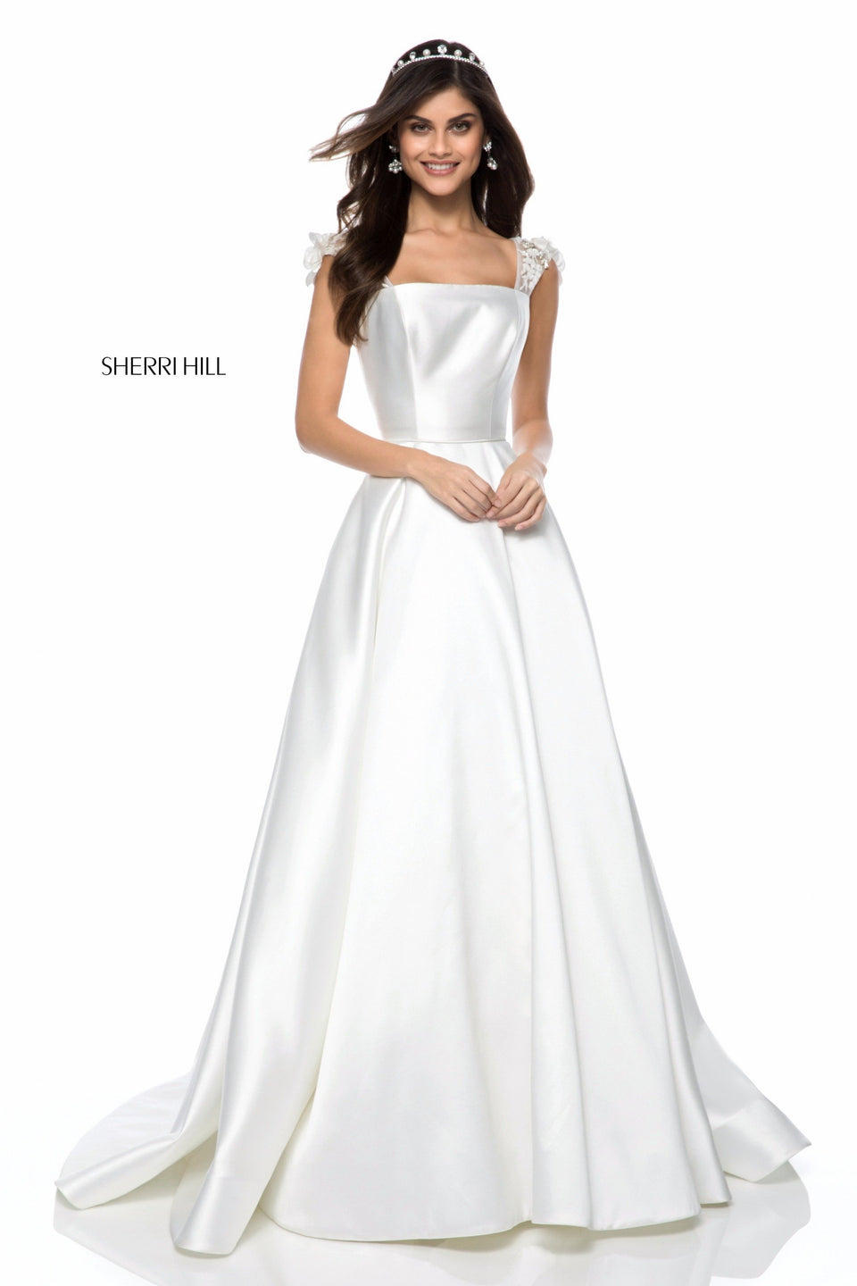 Sherri Hill Satin Ball Gown With Flower Appliqued Shoulders