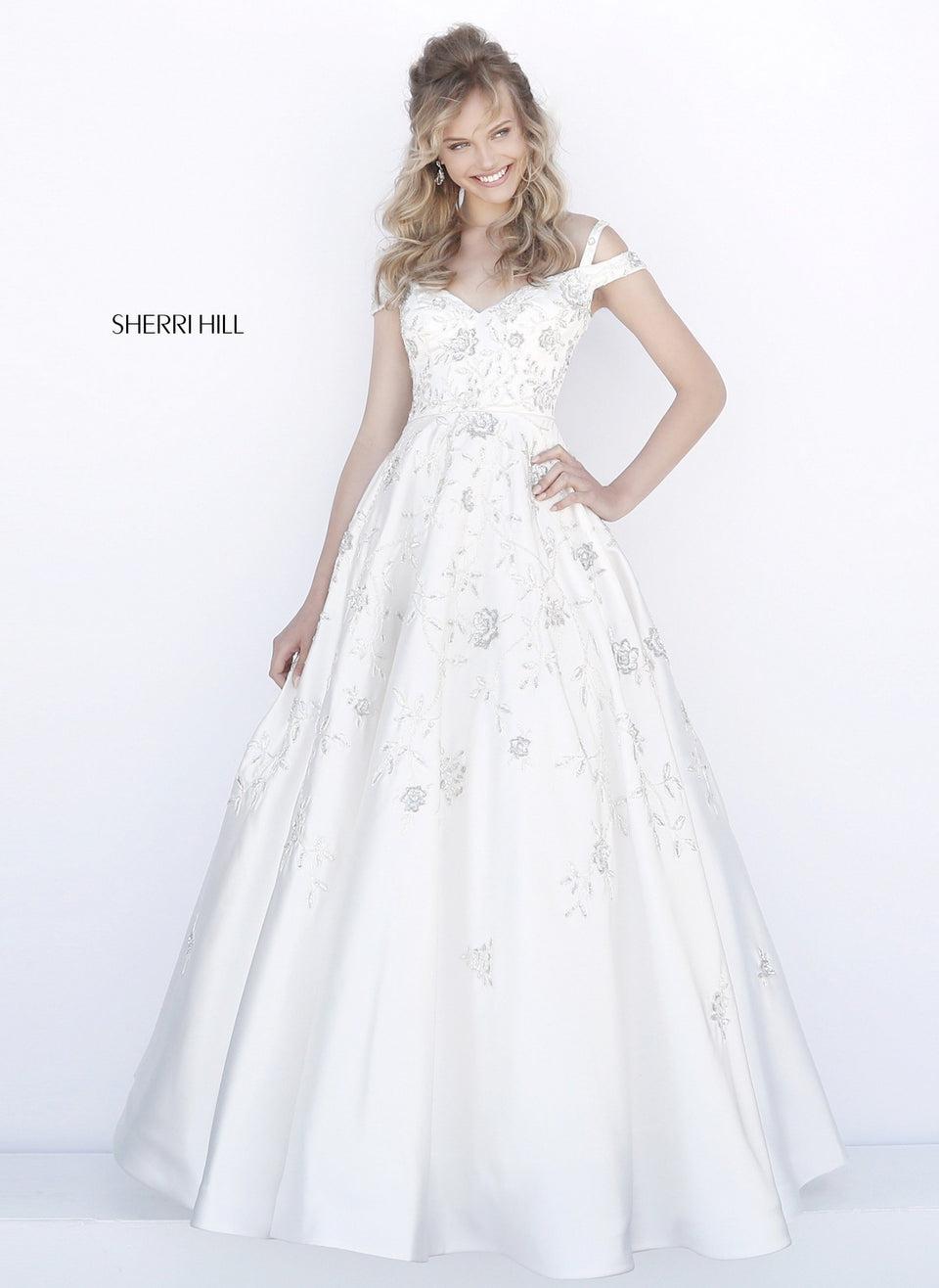 Sherri Hill Satin Ball Gown With Flower Appliques And Off-the-shoulder Straps