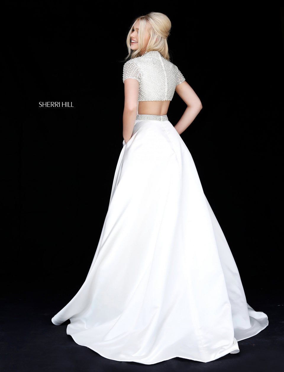 Sherri Hill Satin Ball Gown With Open Back And Beaded Detail On Skirt