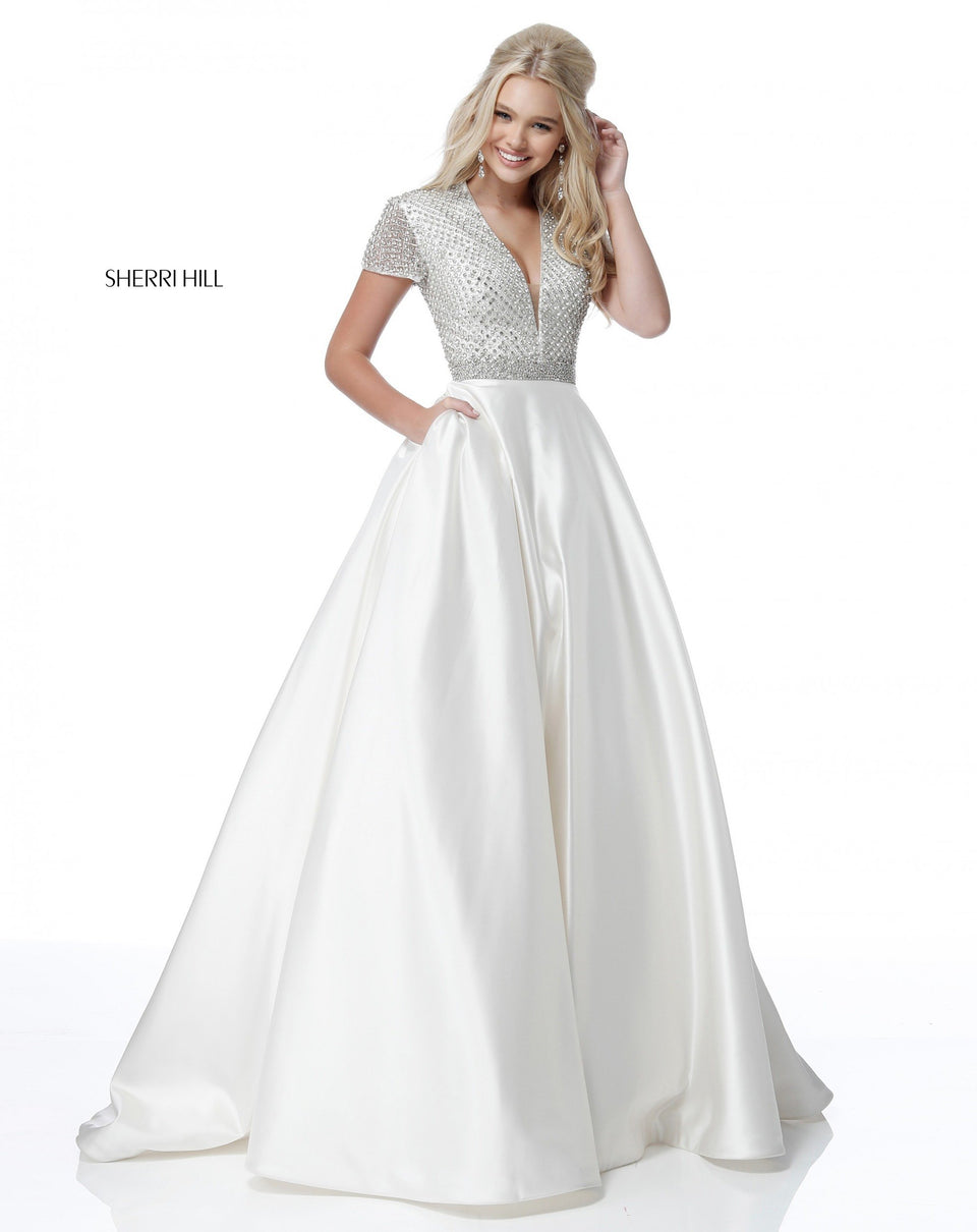 Sherri Hill Satin Ball Gown With Open Back And Beaded Detail On Skirt