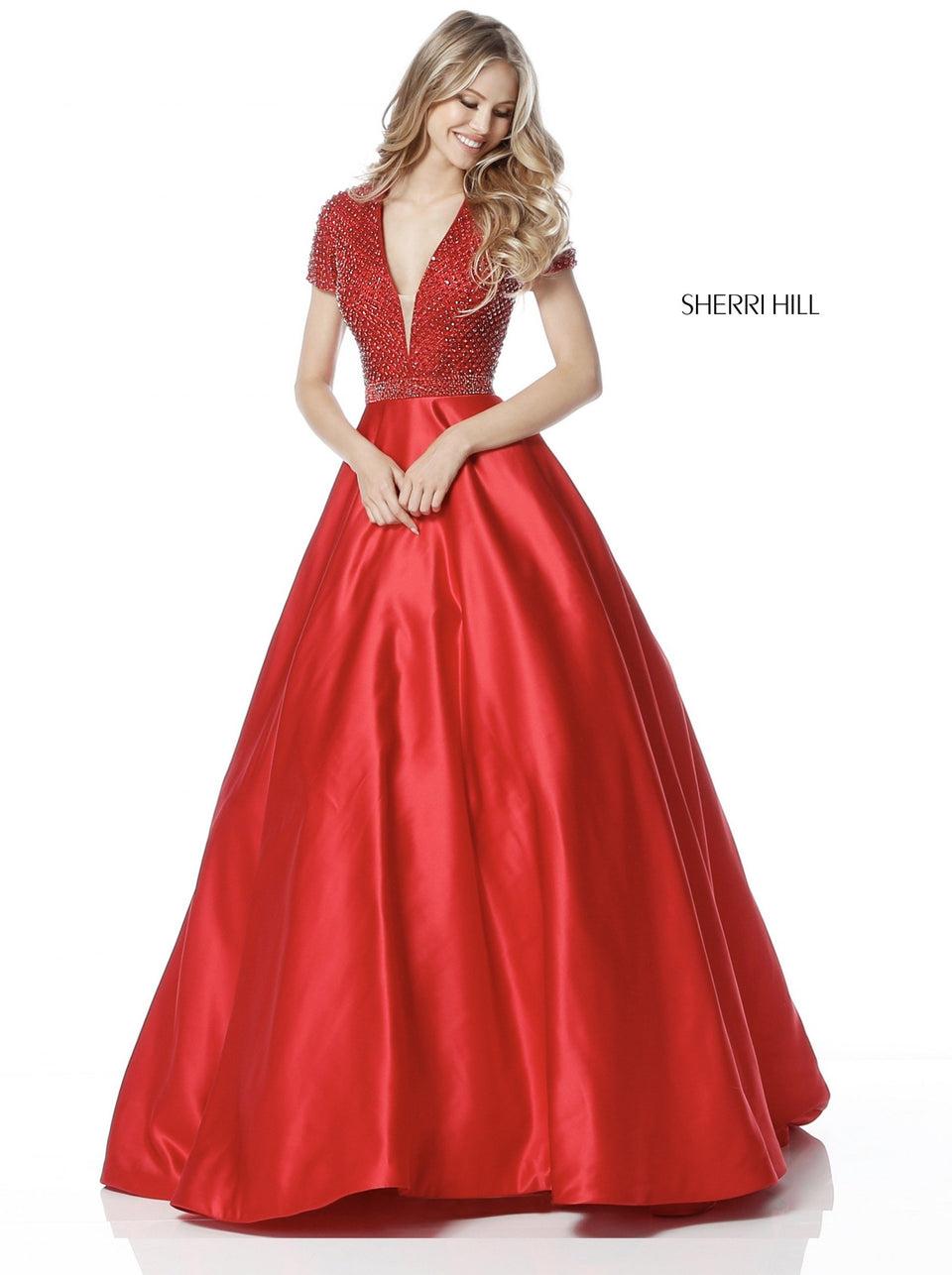 sherri hill Satin ball gown with open back and beaded detail on skirt