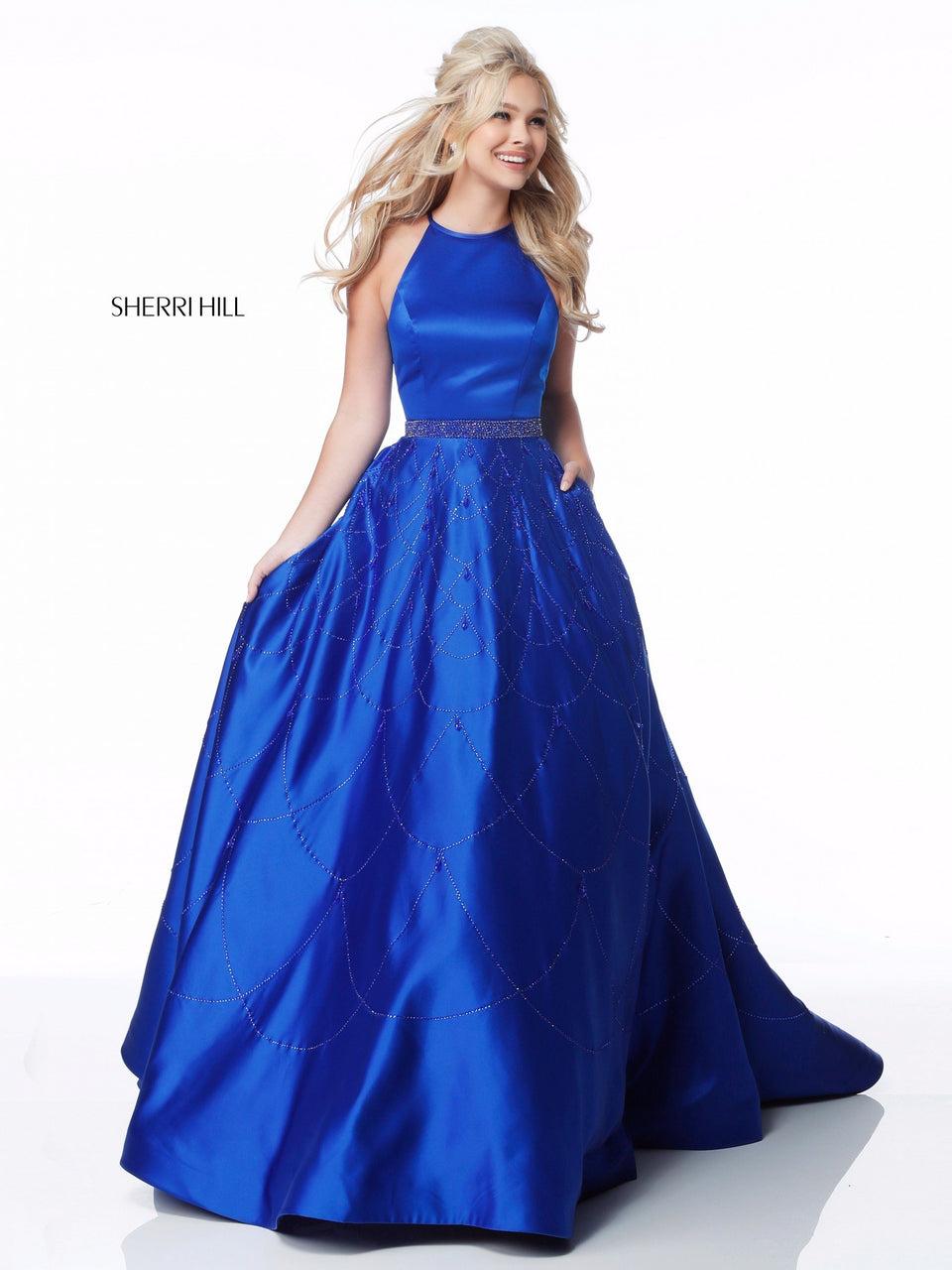 sherri hill Satin ball gown with open back and beaded detail on skirt