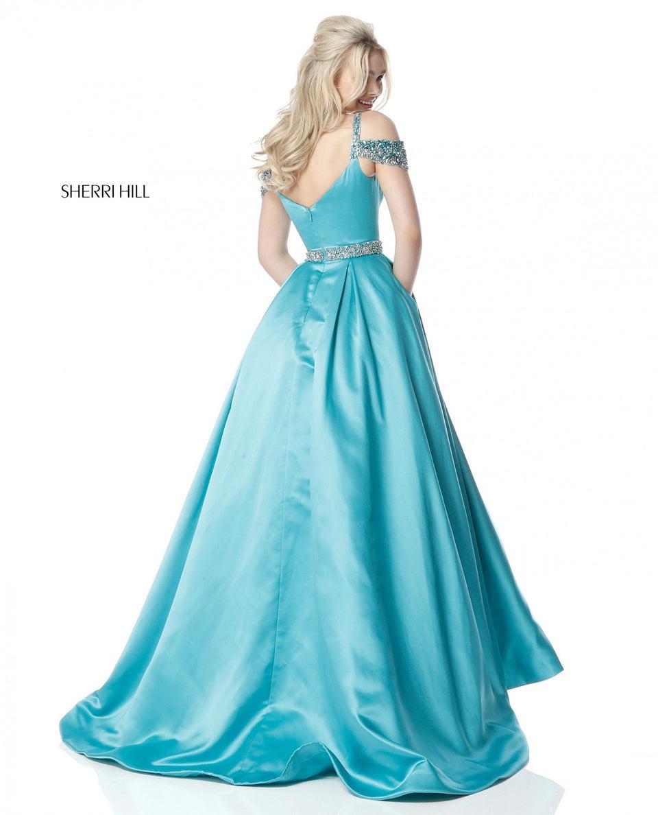 Sherri Hill Satin Ball Gown With Sweetheart Bodice Beaded Belt And Off-the-shoulder Straps