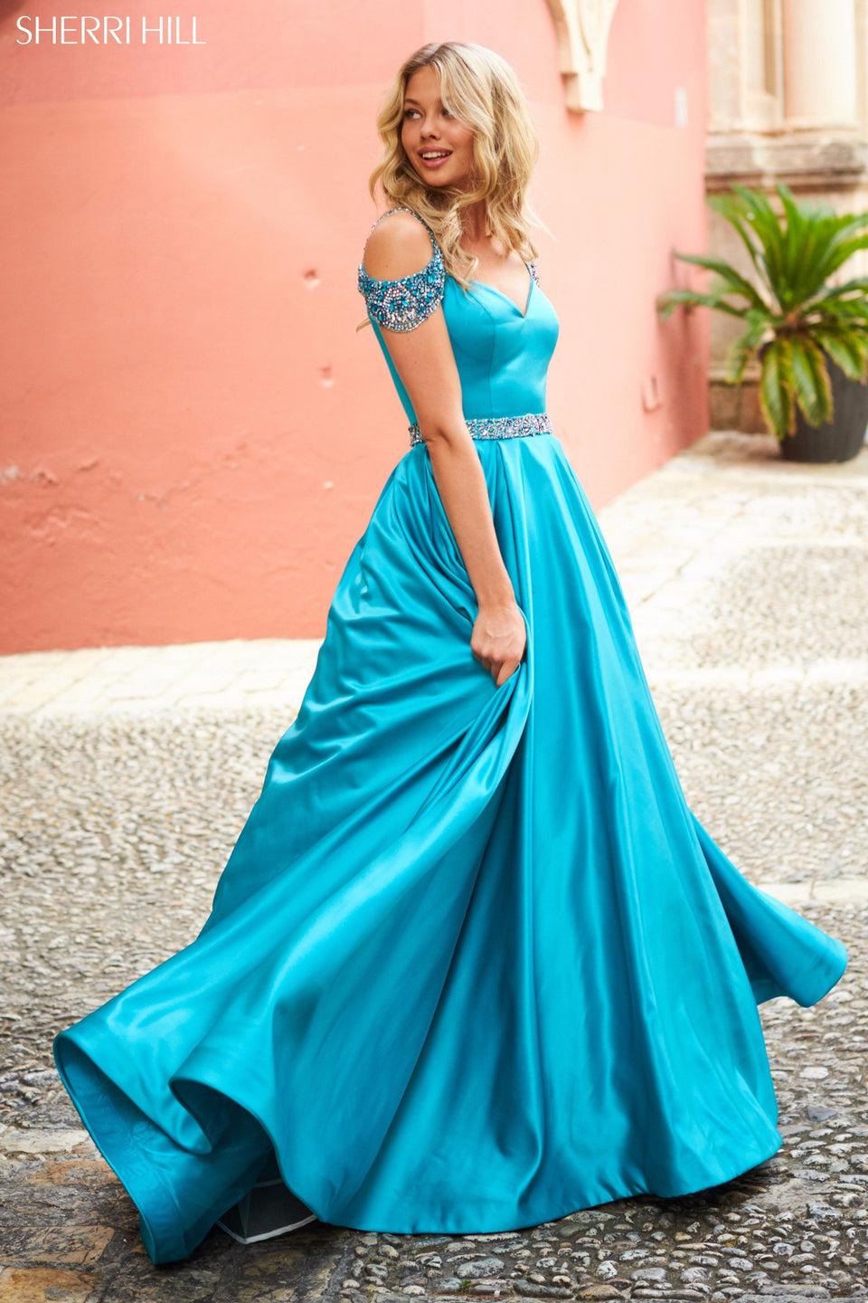 Sherri Hill Satin Ball Gown With Sweetheart Bodice Beaded Belt And Off-the-shoulder Straps