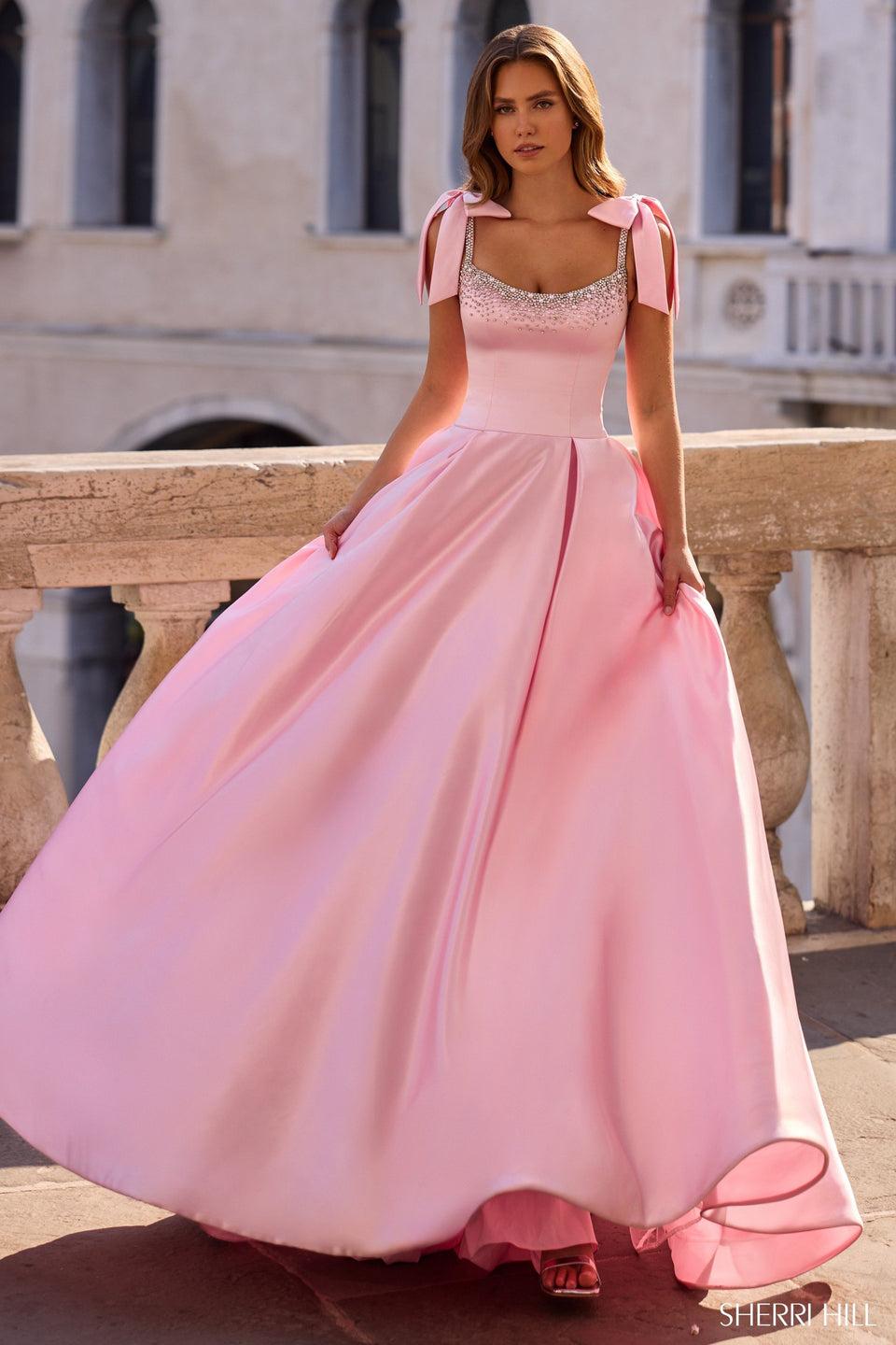 sherri hill Satin ballgown with bead embellishments and bows